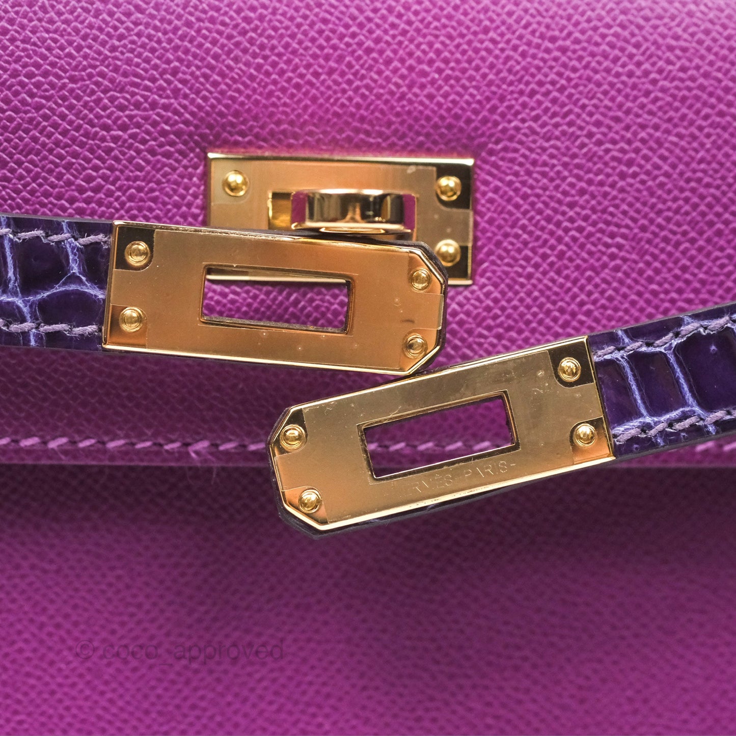 Hermès Kelly 25 Sellier Touch Anemone/ Amethyste Madame/ Croc Gold Hardware