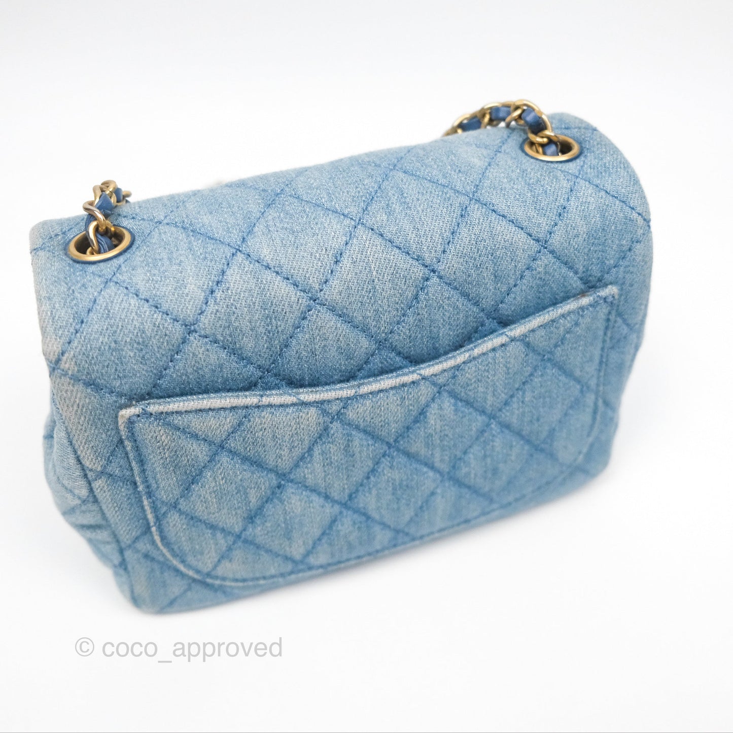 Chanel Mini Square Pearl Crush Quilted Denim Aged Gold Hardware