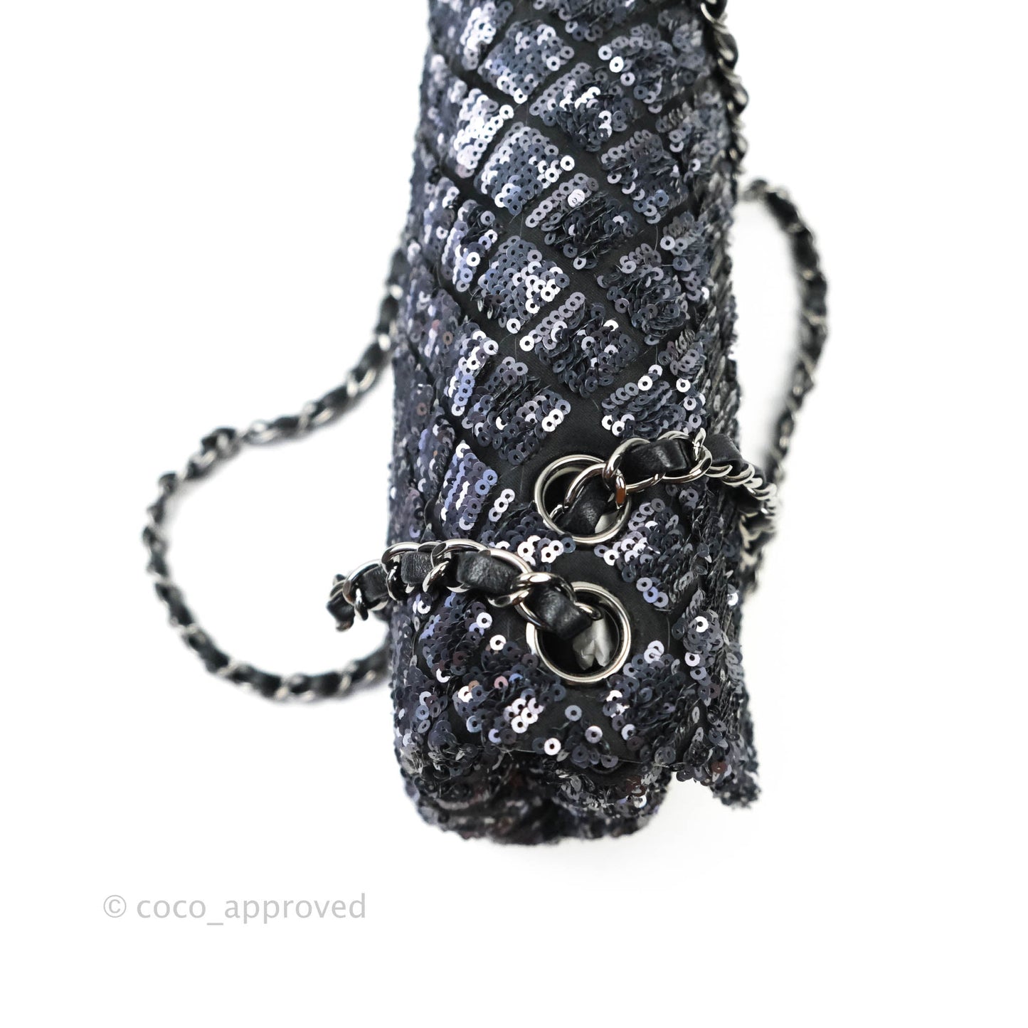 Chanel Quilted Medium Satin Sequin Single Flap Navy Black Gun Metal