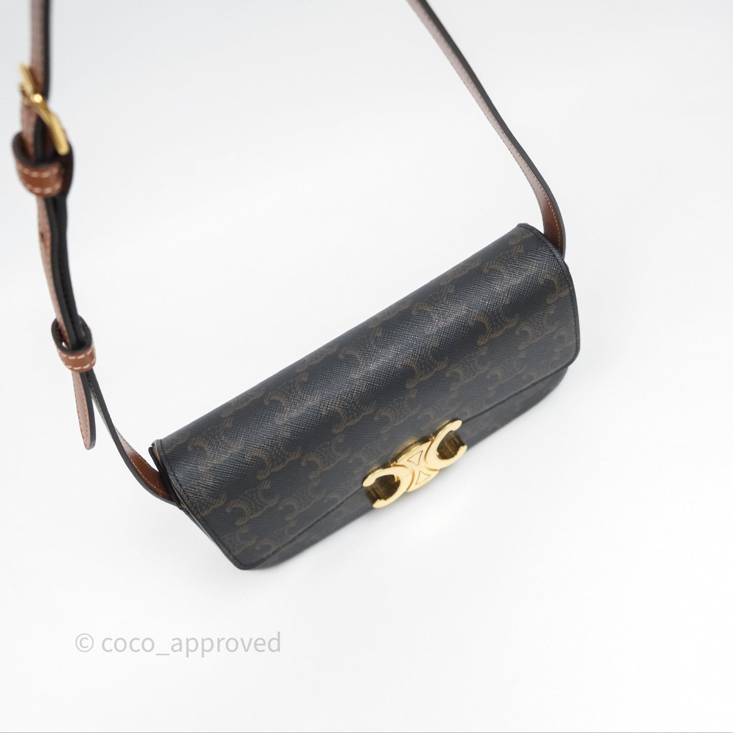 Celine Triomphe Shoulder Bag Tan Calfskin Triomphe Canvas