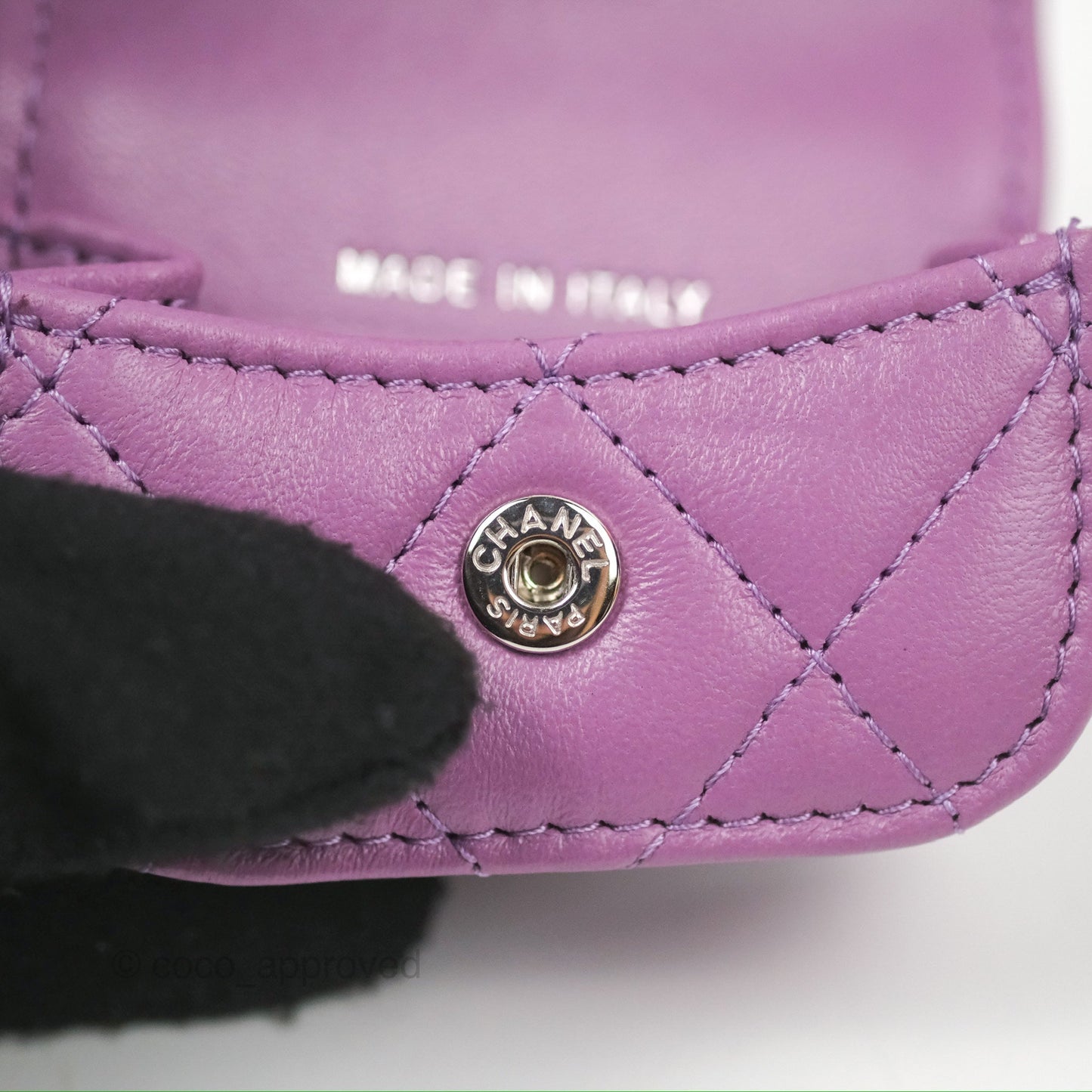 Chanel Quilted Airpods Pro Case with Removable Chain Purple Lambskin Silver Hardware