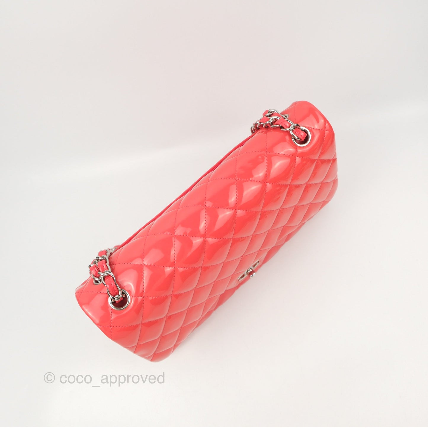 Chanel Jumbo Double Flap Coral Pink Patent Silver Hardware⁣⁣