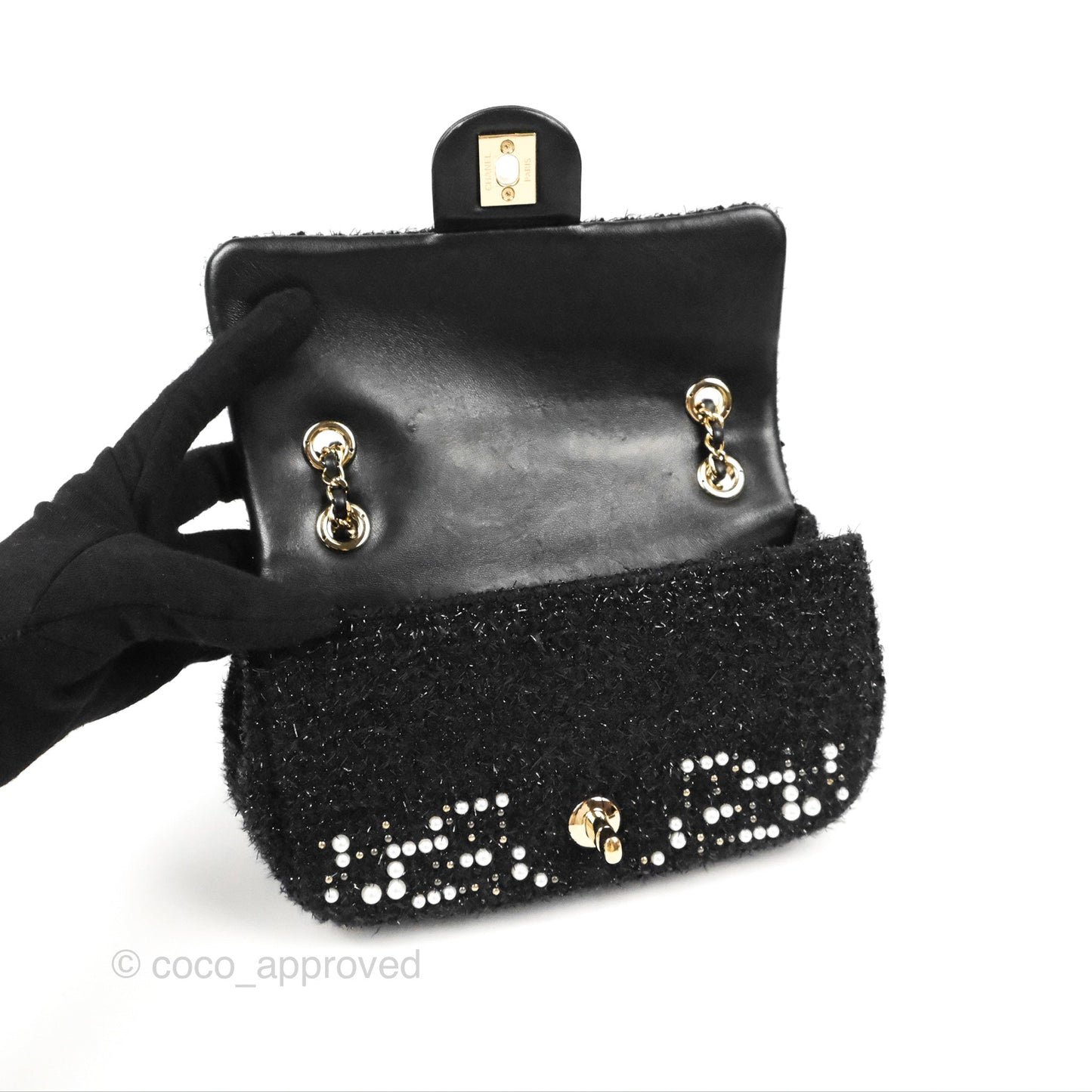 Chanel Black Faux Pearl Embellished Tweed Mini Cosmos Flap Bag