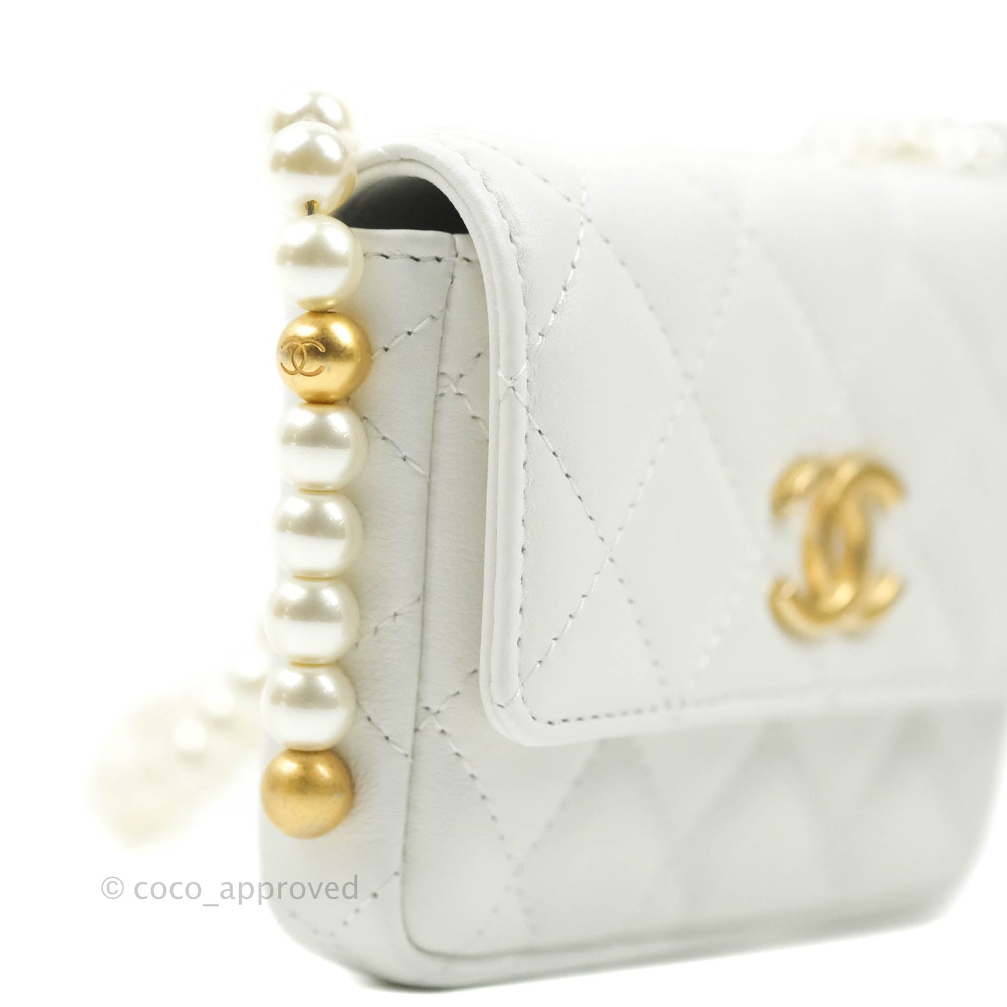 Chanel Flap Card Holder With Pearl Chain White Calfskin Aged Gold Hardware