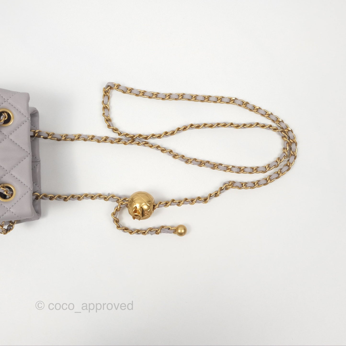 Chanel Pearl Crush Drawstring Bucket Bag Grey Lambskin Aged Gold Hardware