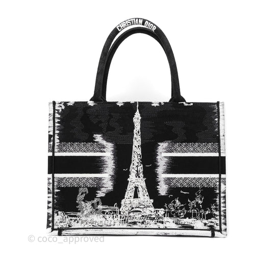 Dior Medium Book Tote Paris Embroidered Black White
