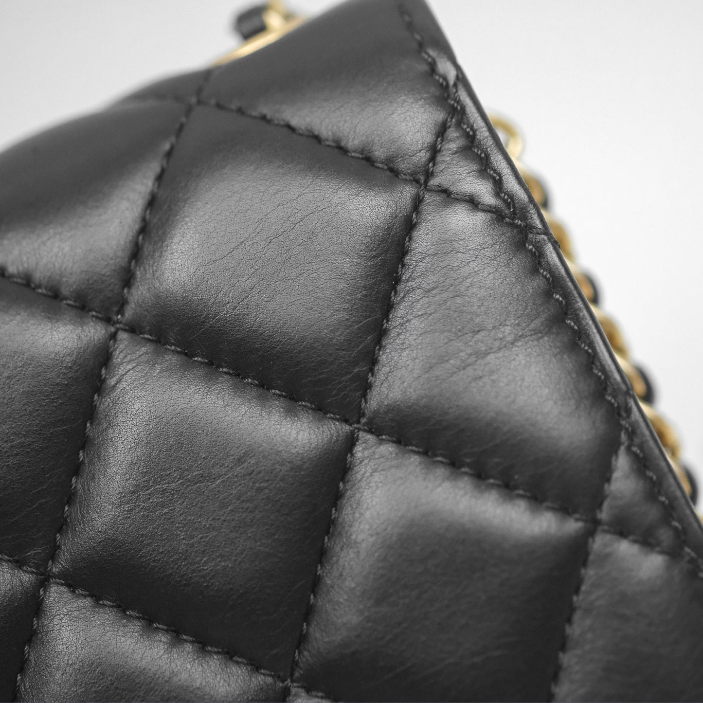 Chanel Quilted Side Chain Flap Bag Black Calfskin Aged Gold Hardware