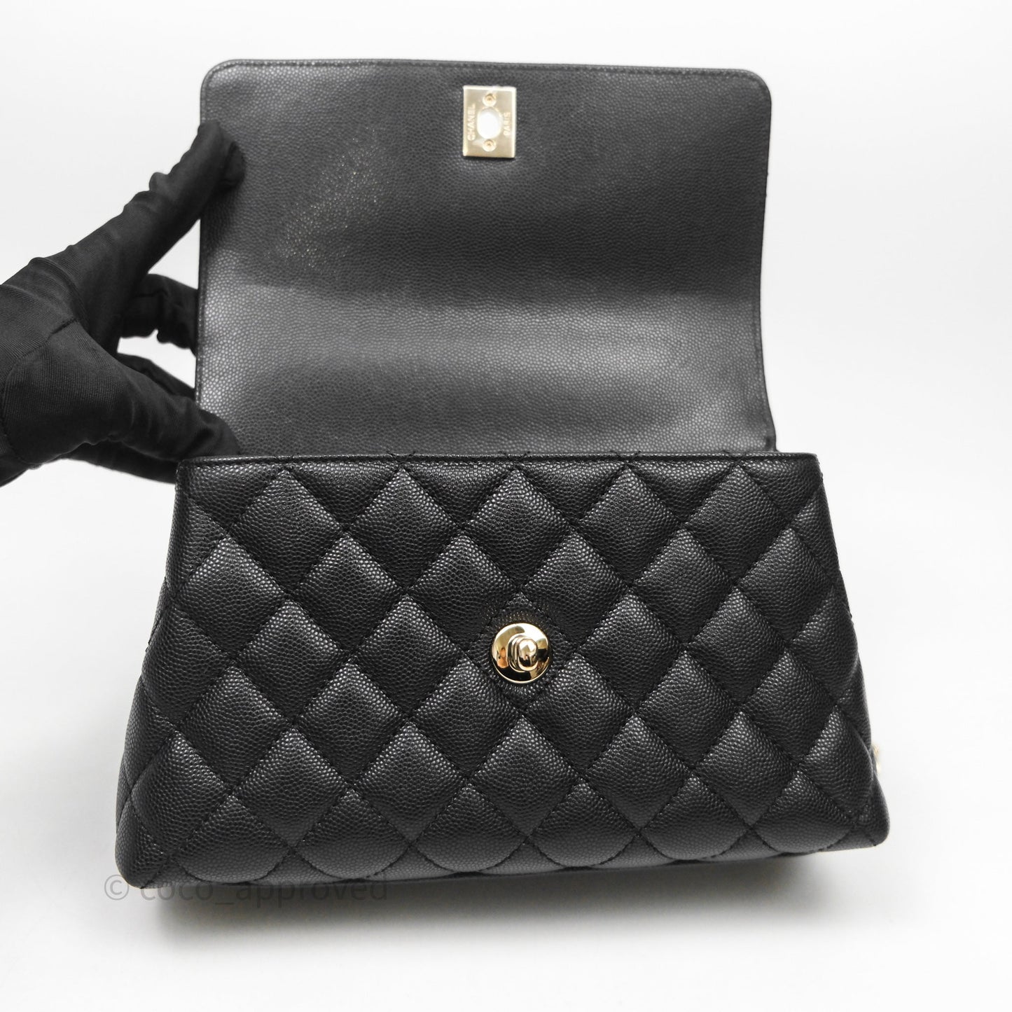 Chanel Mini Coco Handle Quilted Black Caviar Light Gold Hardware Lizard Embossed Handle