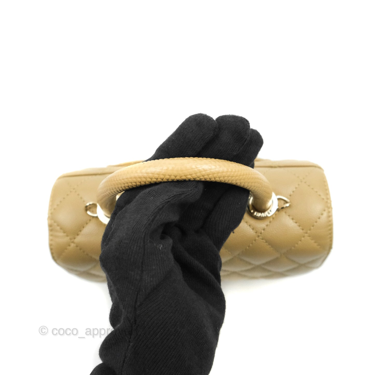 Chanel Small Coco Handle Quilted Dark Beige Caviar Gold Hardware Lizard Embossed Handle 21A