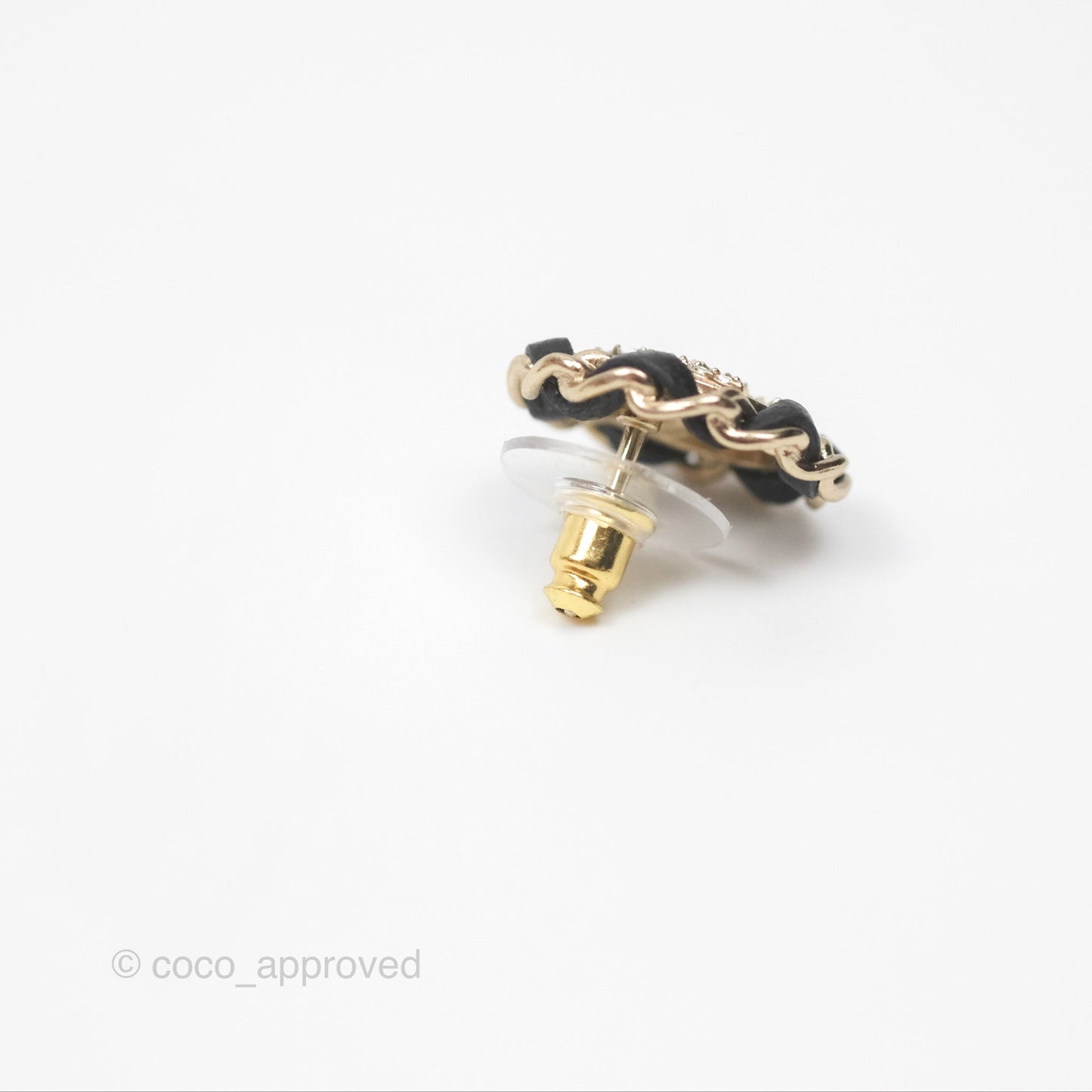 Chanel CC Crystal Woven Chain Black Round Earrings Gold Tone 24V