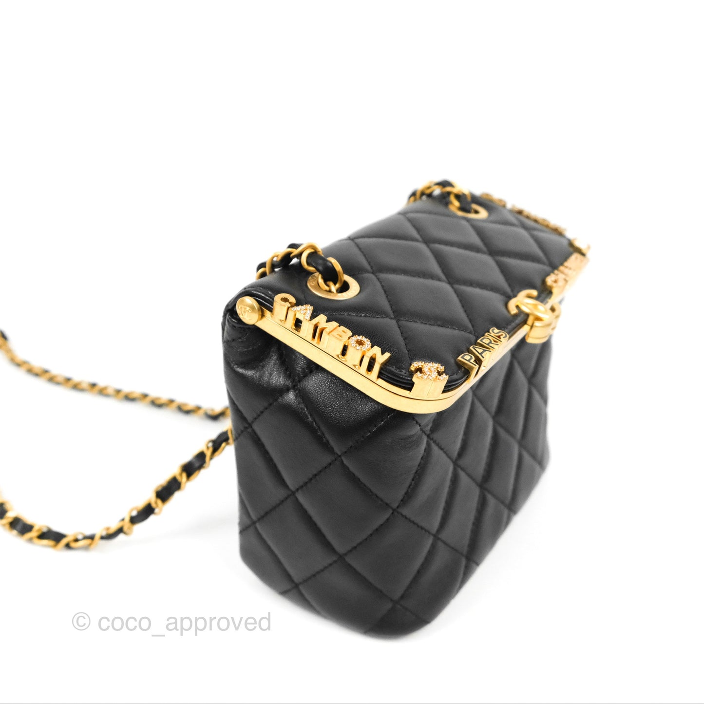 Chanel Logo Crystal Kiss-lock Vanity with Chain Black Lambskin 23C