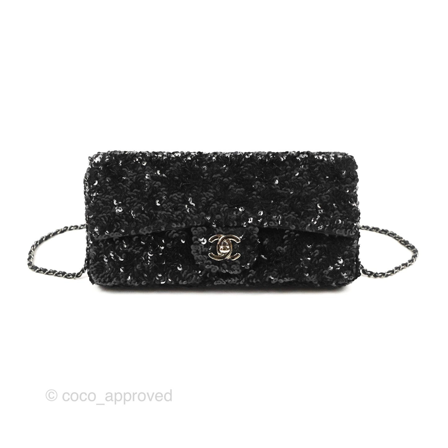 Chanel East West Flap Bag Black Sequin Dark Silver Hardware