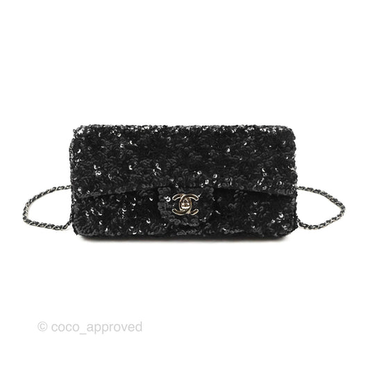 Chanel East West Flap Bag Black Sequin Dark Silver Hardware