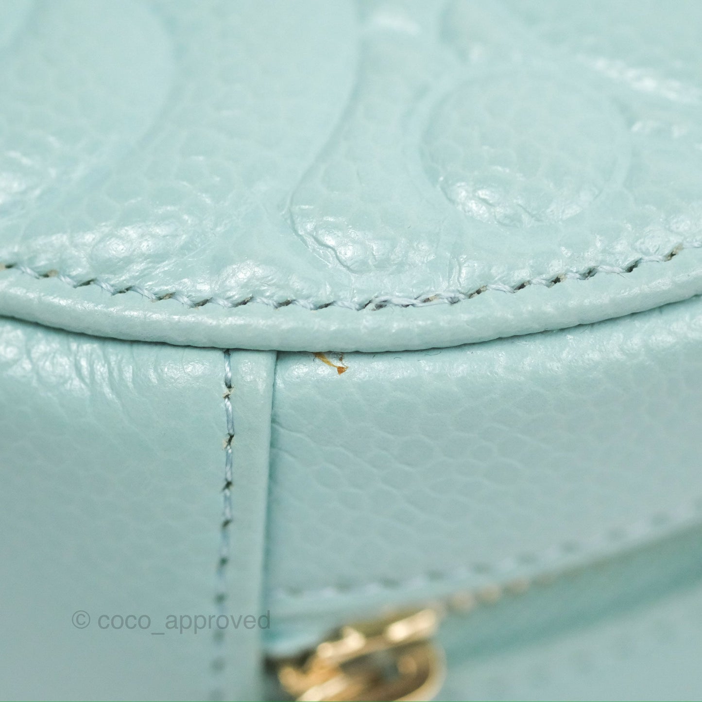 Chanel Camellia Embossed Round Clutch With Chain Light Tiffany Blue Caviar