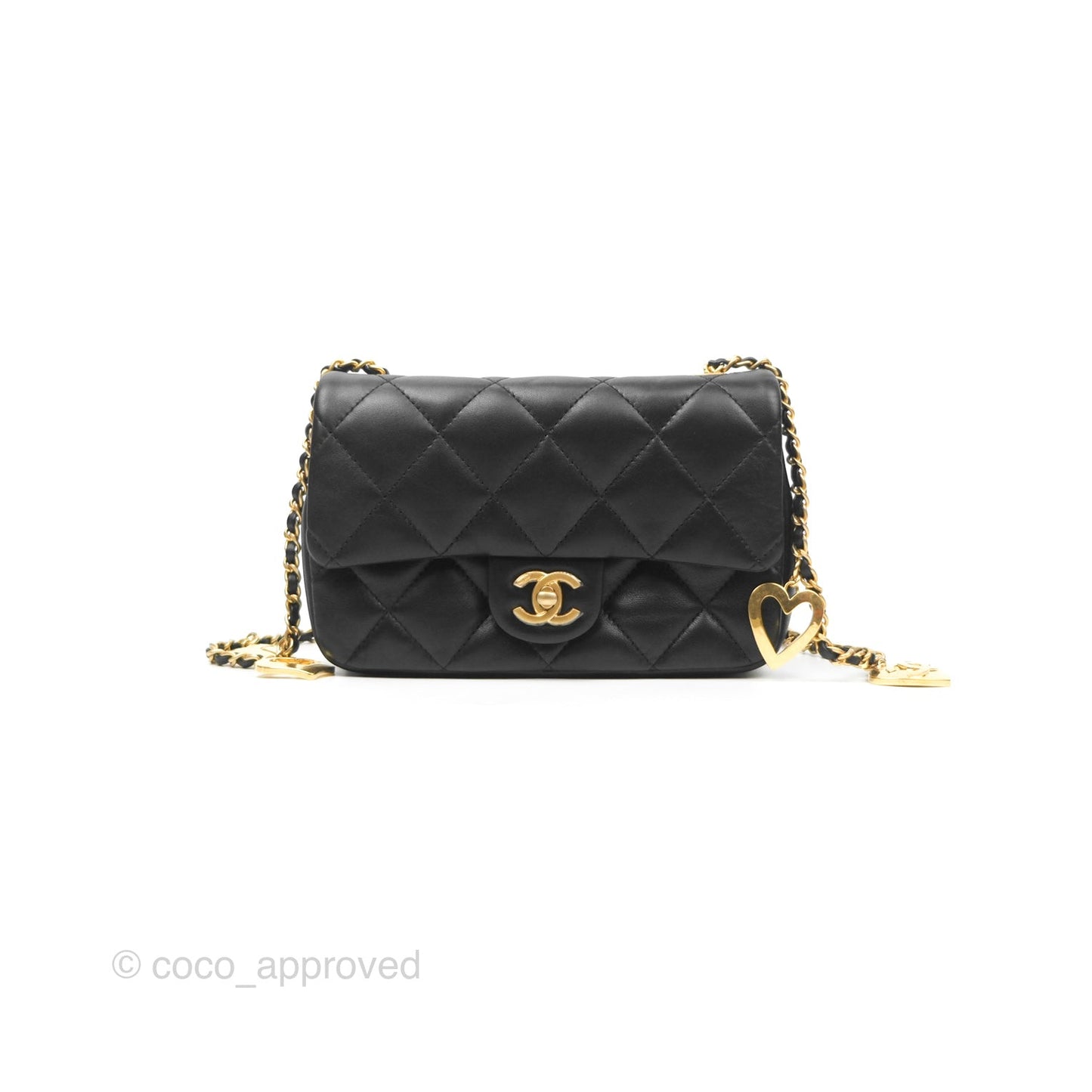 Chanel Mini Flap Bag With Heart CC Charm Black Lambskin Aged Gold Hardware