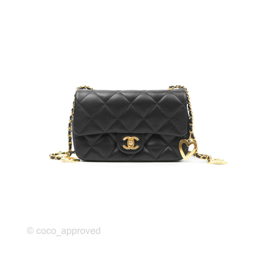 Chanel Mini Flap Bag With Heart CC Charm Black Lambskin Aged Gold Hardware