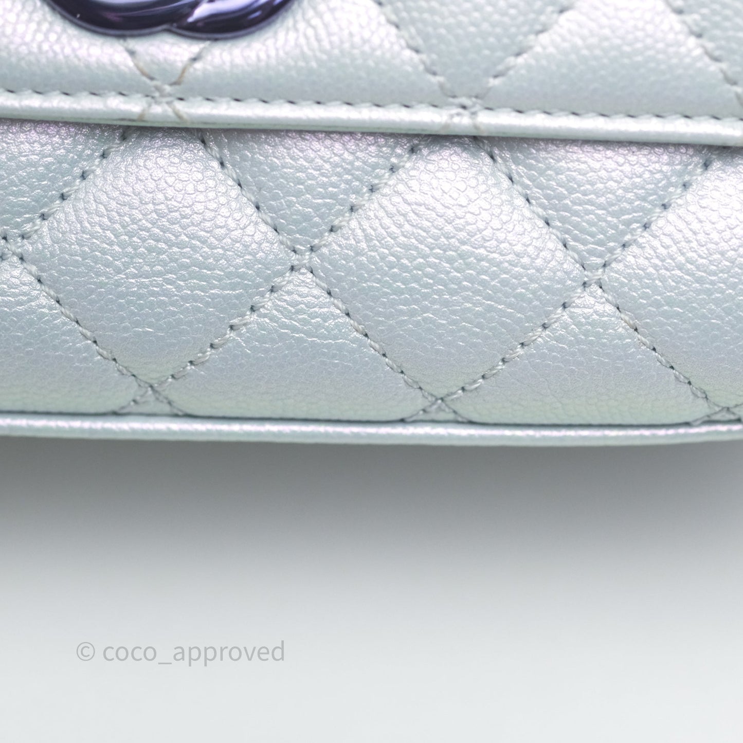 Chanel Mini Coco Handle Quilted Iridescent Light Blue Caviar Rainbow Hardware