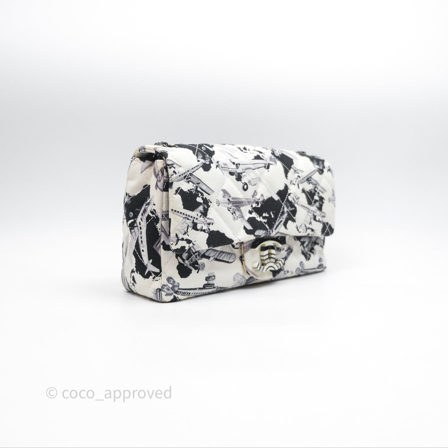 Chanel Quilted Airplane Printed Shoulder Flap Bag Canvas White