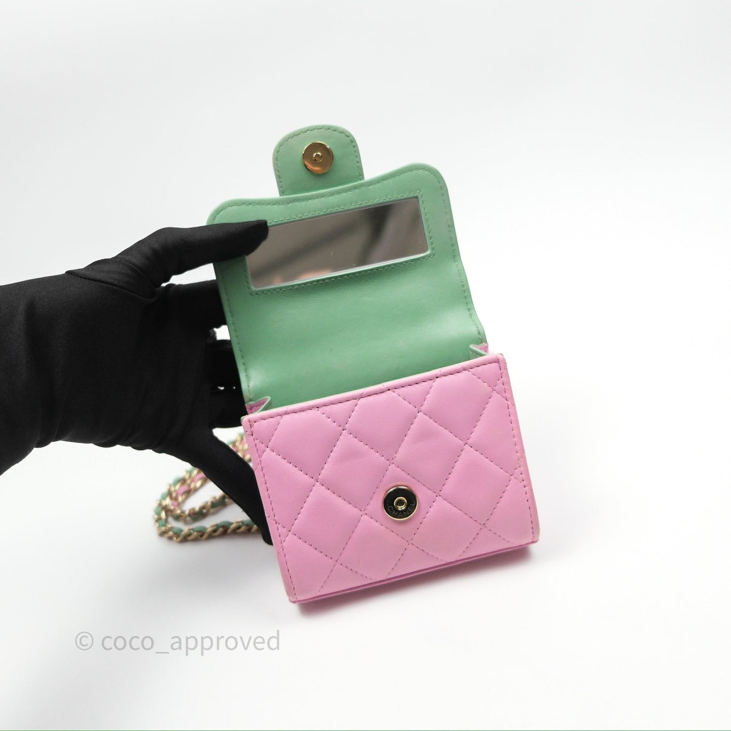 Chanel Mini Handle Clutch With Chain Pink/ Mint Lambskin Gold Hardware 23P