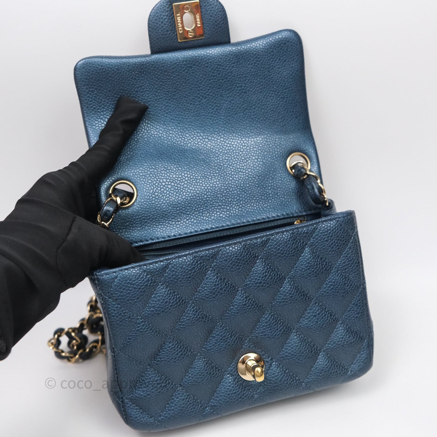 Chanel Quilted Mini Square Iridescent Navy Caviar Gold Hardware