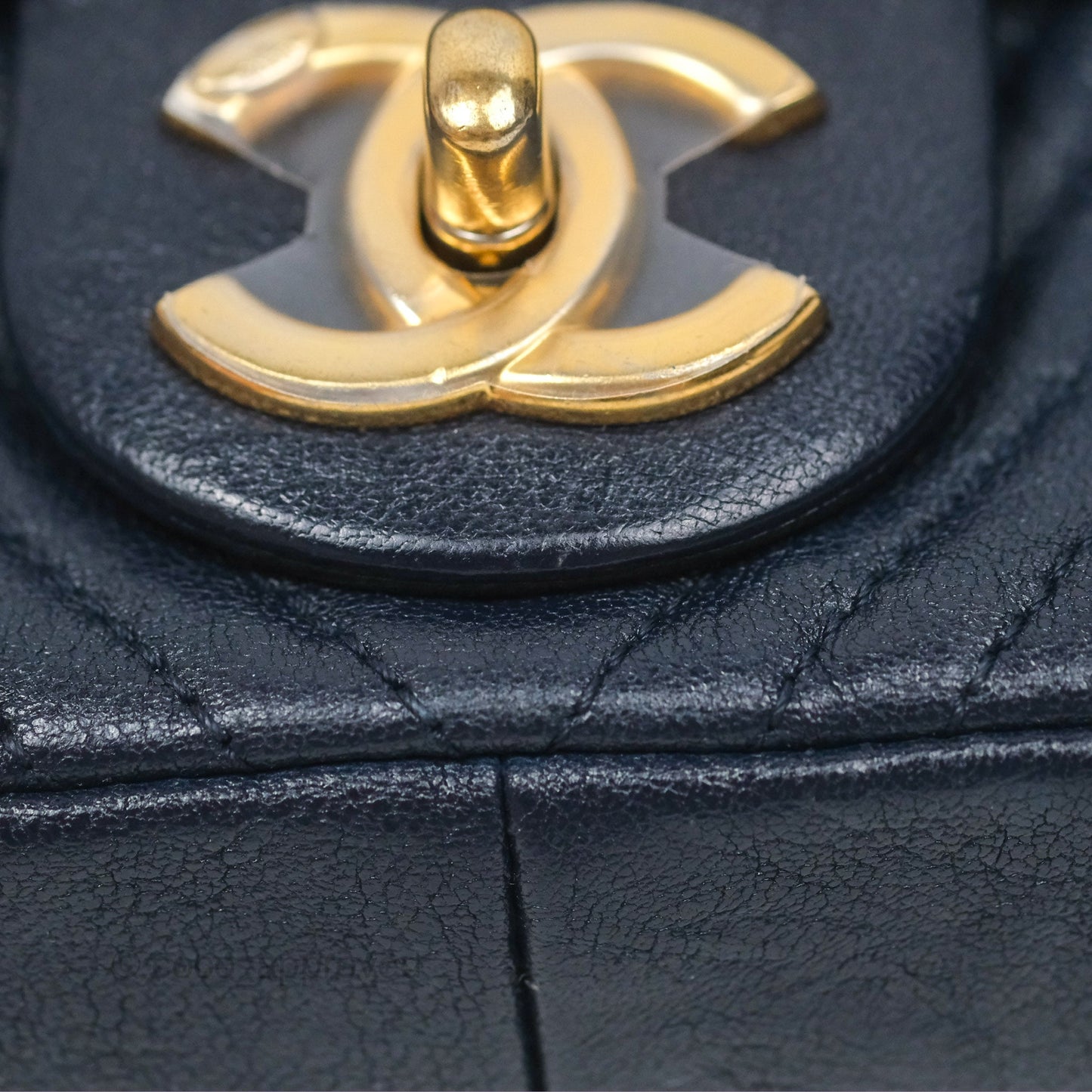 Chanel Small Chevron Surpique Flap Navy Calfskin Aged Gold Hardware