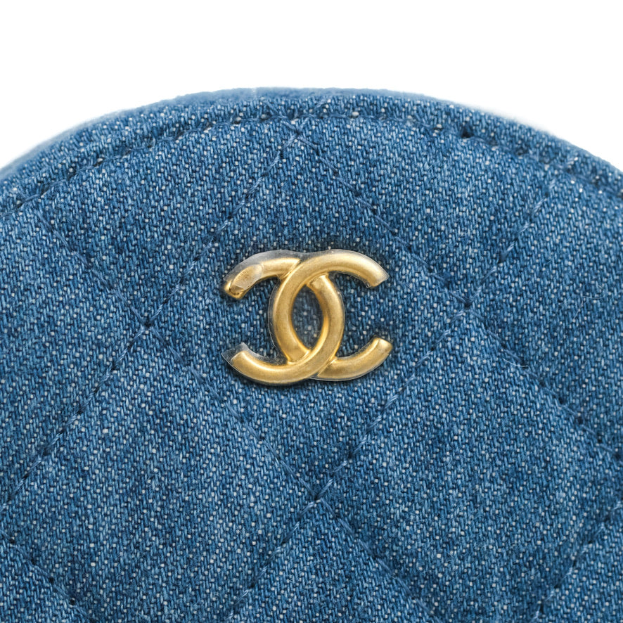 Chanel Quilted Pearl Crush Round Clutch With Chain Denim Aged Gold Hardware