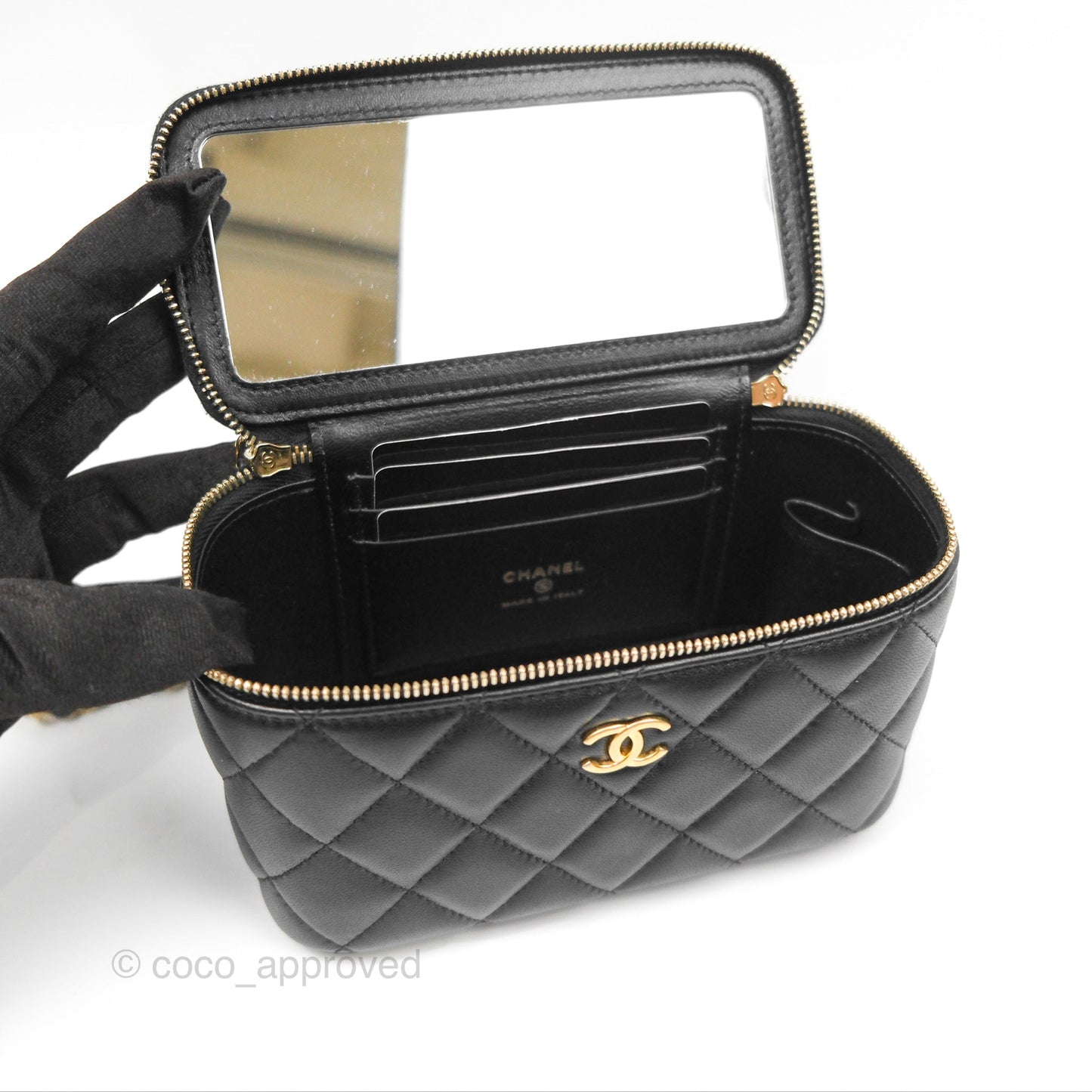 Chanel Vanity Rectangular Metal Top Handle Black Lambskin Aged Gold Hardware 22B