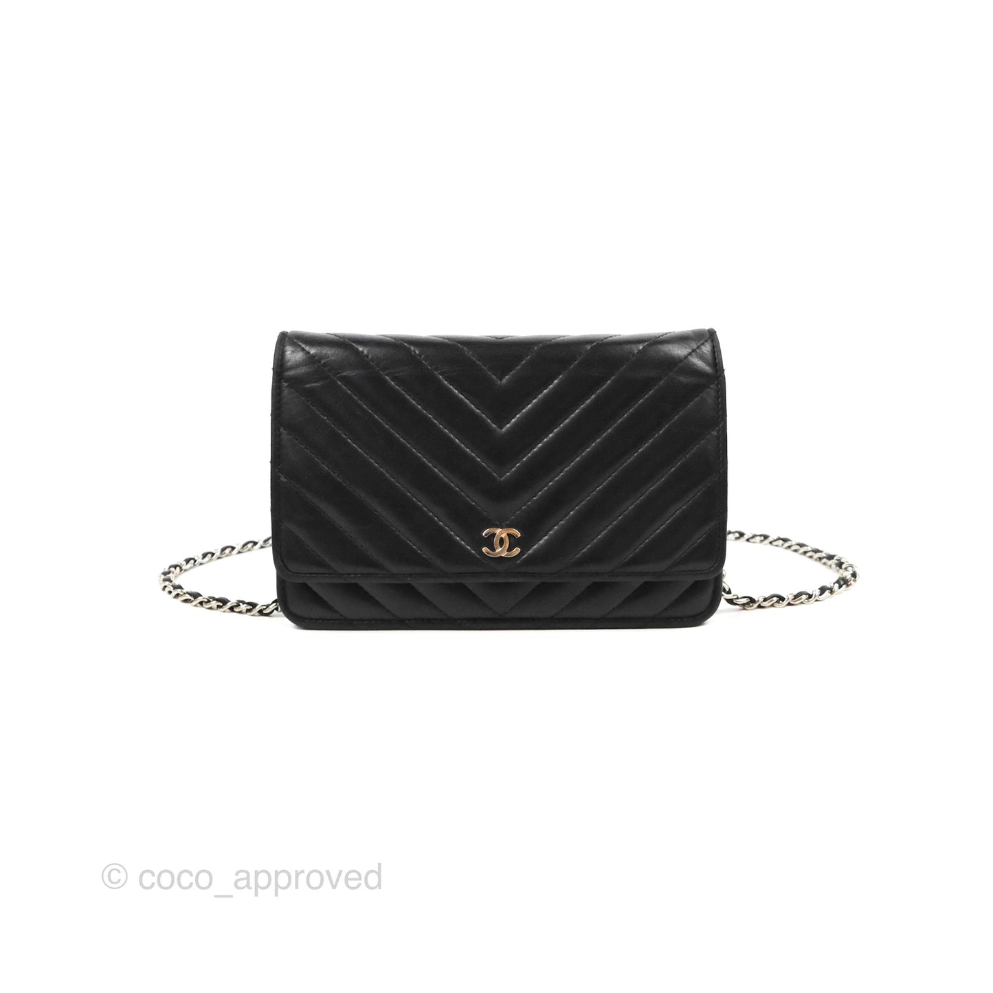Chanel Classic Chevron Wallet on Chain WOC Black Lambskin Silver Hardware