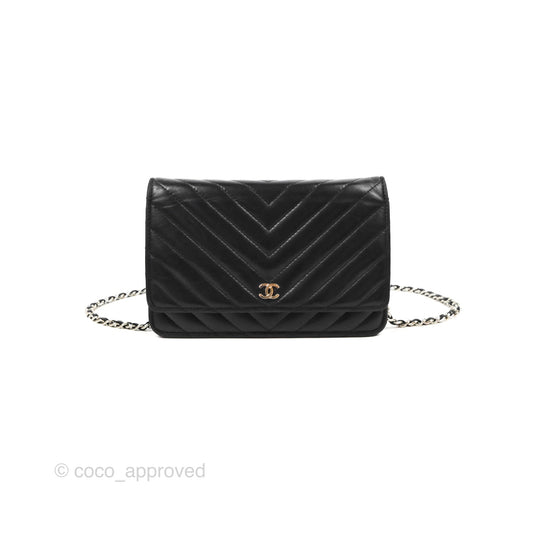 Chanel Classic Chevron Wallet on Chain WOC Black Lambskin Silver Hardware