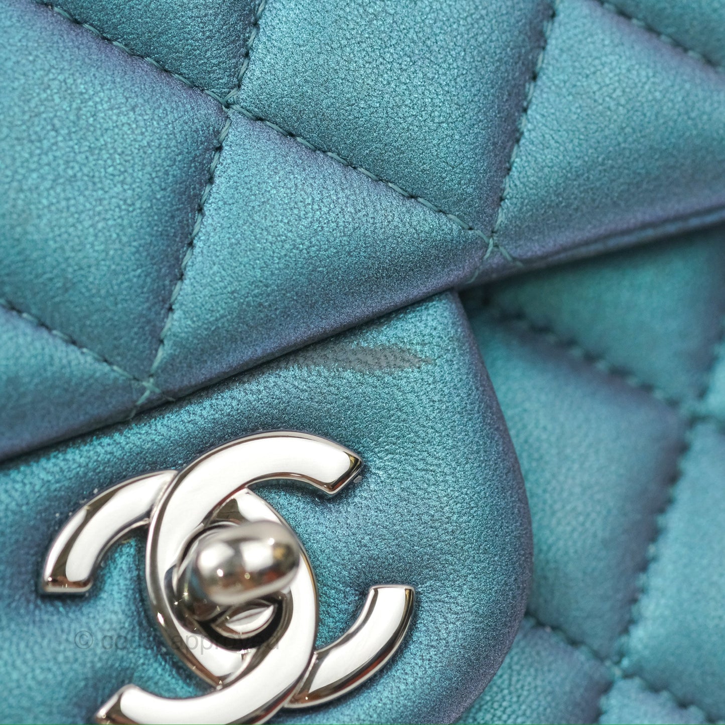 Chanel Mini Square Flap Quilted Iridescent Teal Lambskin Gun Metal