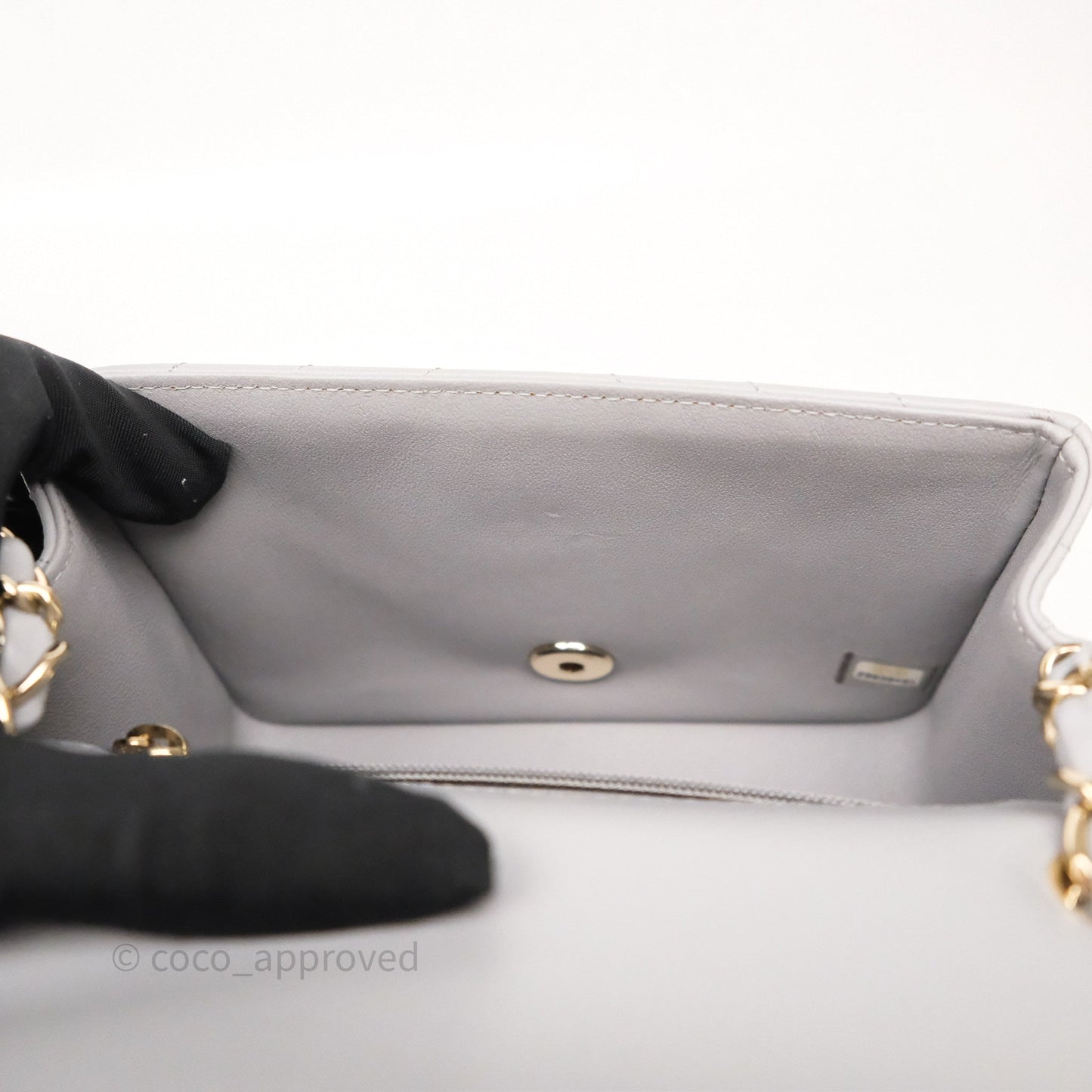 Chanel Mini Square Flap Chevron Grey Lambskin Gold Hardware