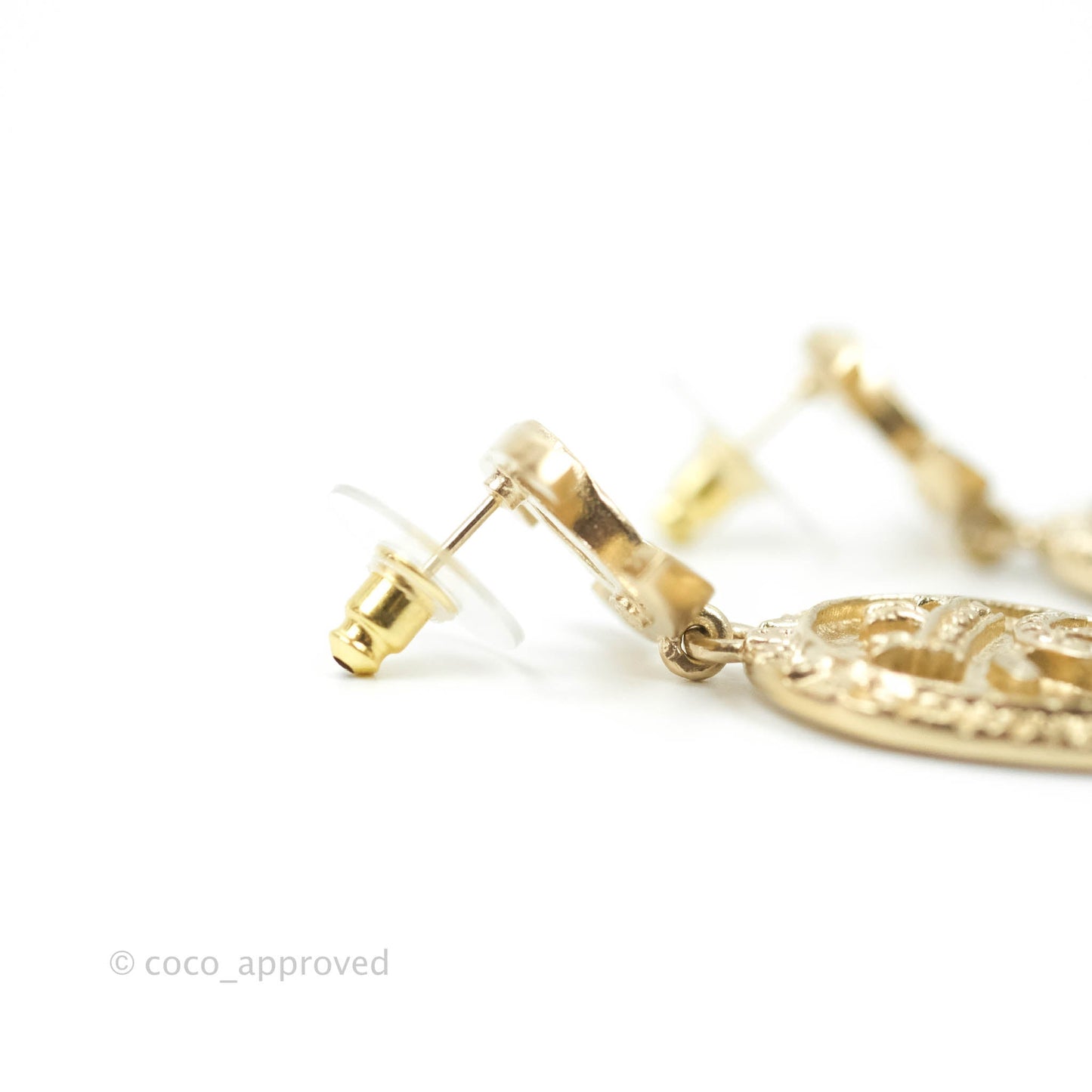 Chanel CC Plate Drop Earrings Matte Gold 21A