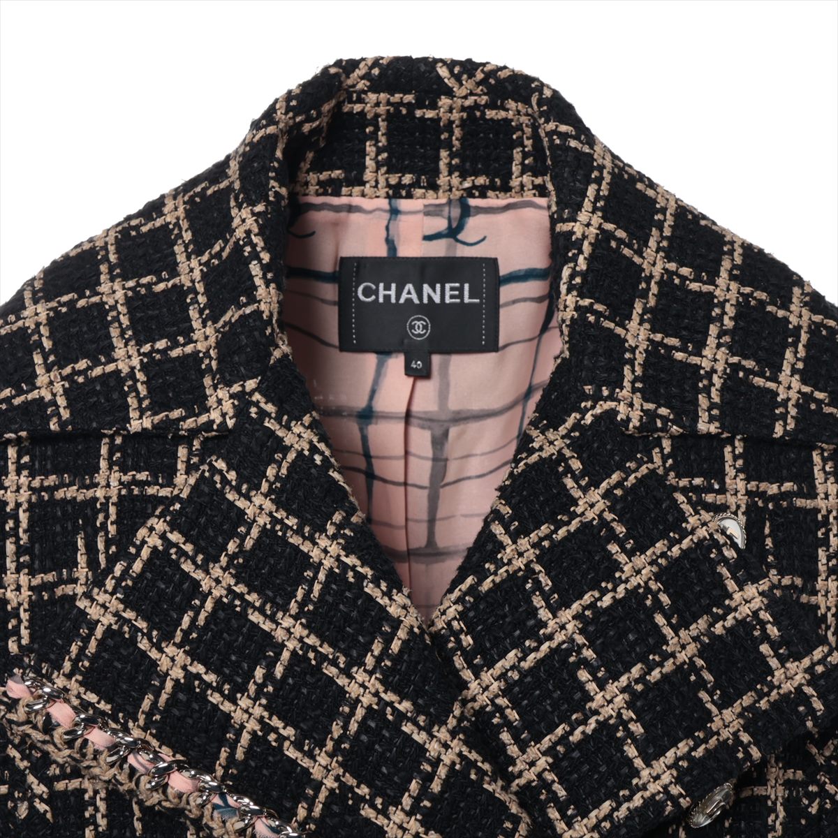 Chanel 21S Cotton x Silk Jacket 40  Black x Beige P70537V61998 Tweed NO5 Button