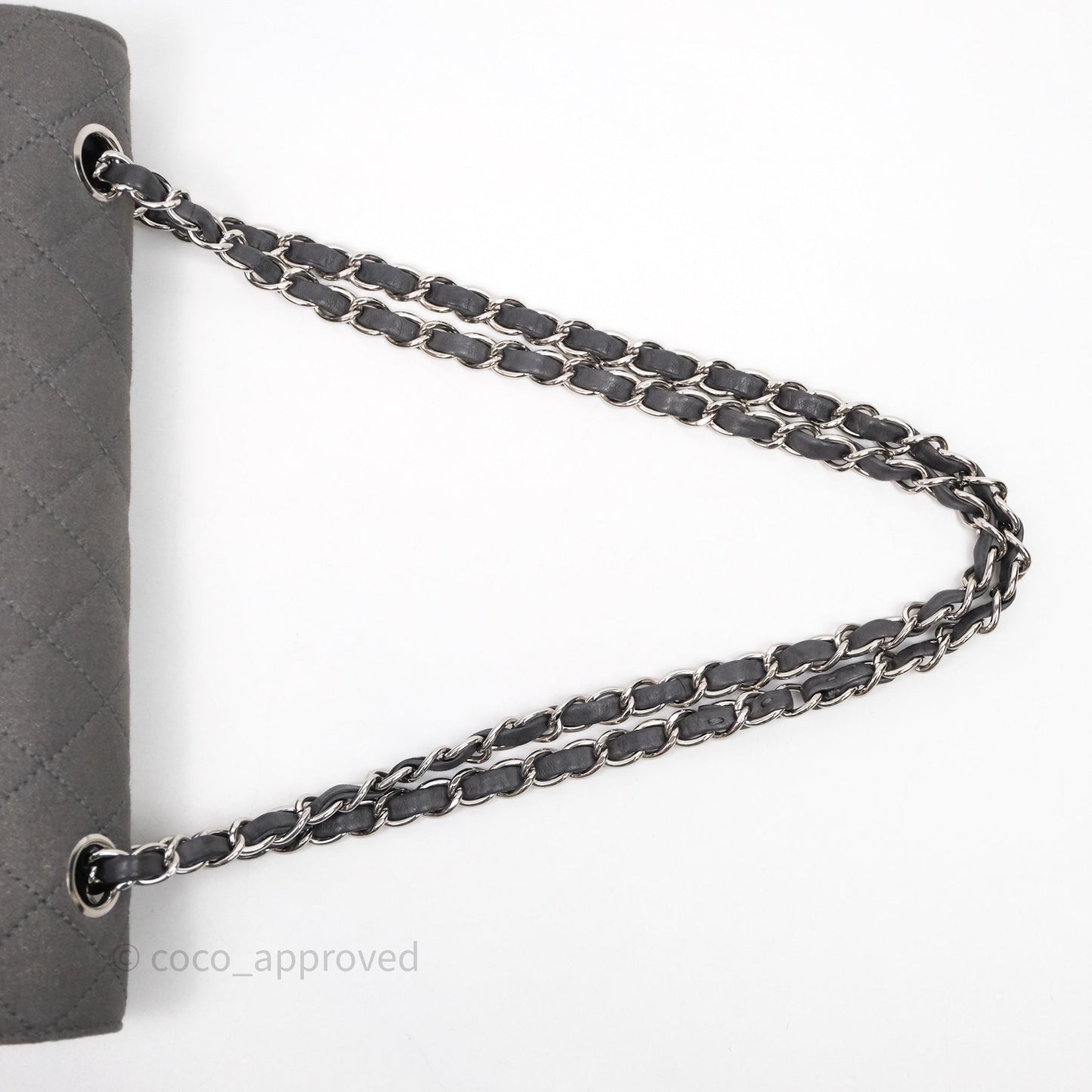 Chanel Classic M/L Medium Flap Quilted Iridescent Metallic Grey Canvas Silver Hardware