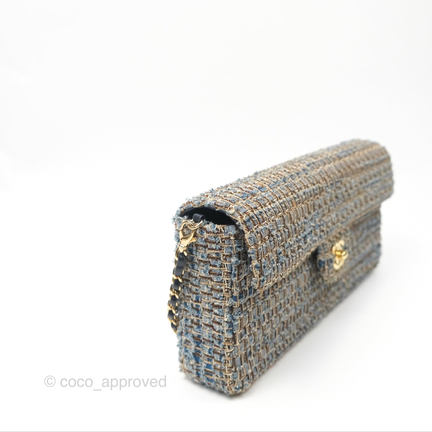 Chanel East West Chocolate Bar Flap Bag Grey Blue Tweed 24K Gold Hardware