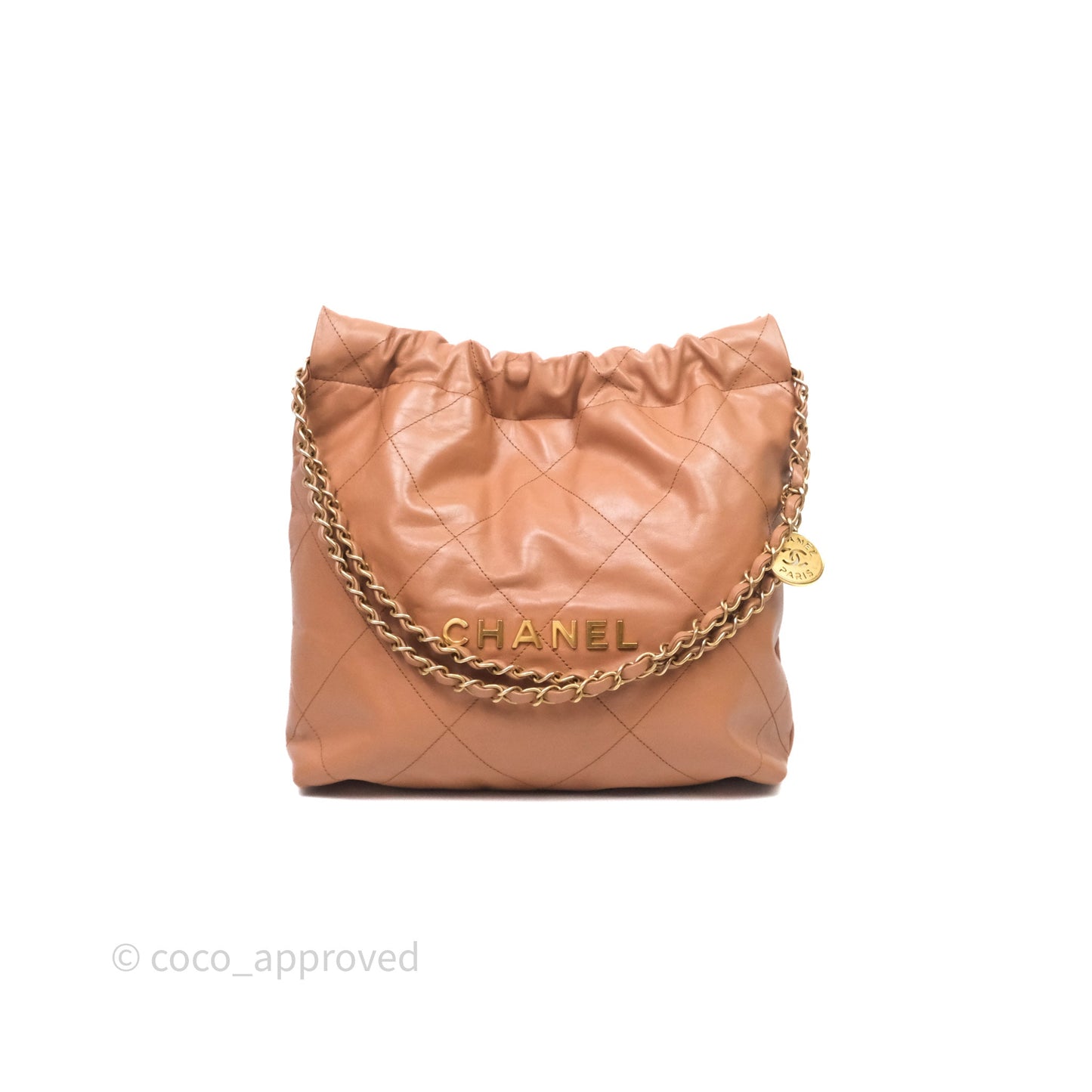 Chanel 22 Small Caramel Beige Shiny Calfskin Aged Gold Hardware