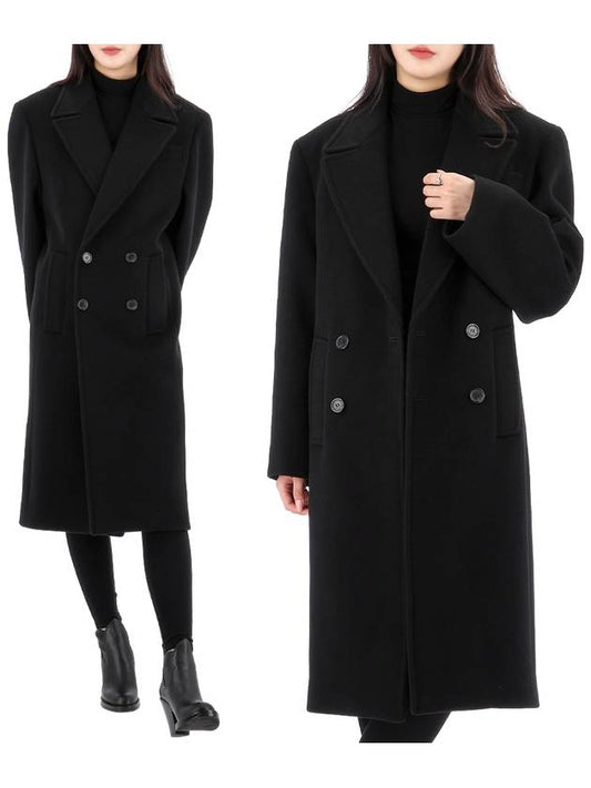 Luxury Saint Laurent Shoulder Pad Wool Double Coat Black