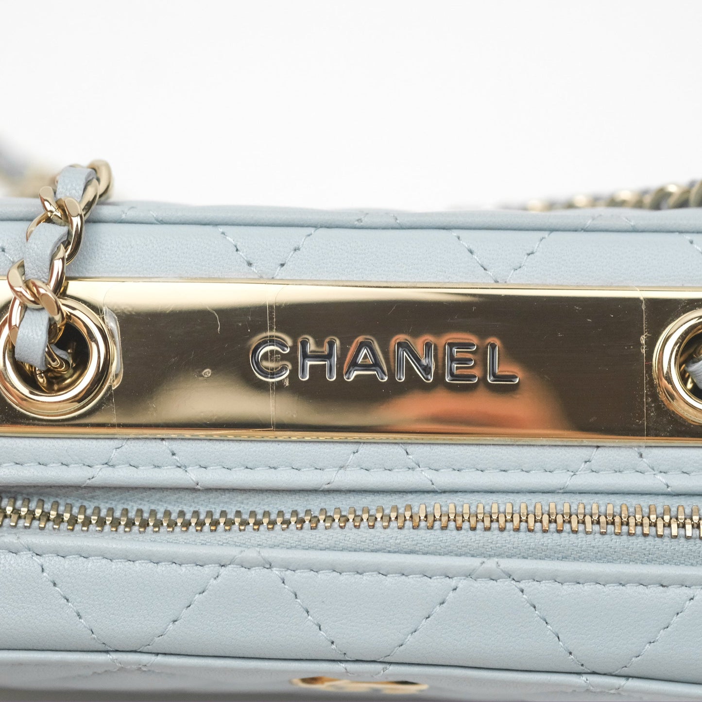 Chanel Mini Quilted Vanity Camera Case Light Blue Lambskin Gold Hardware