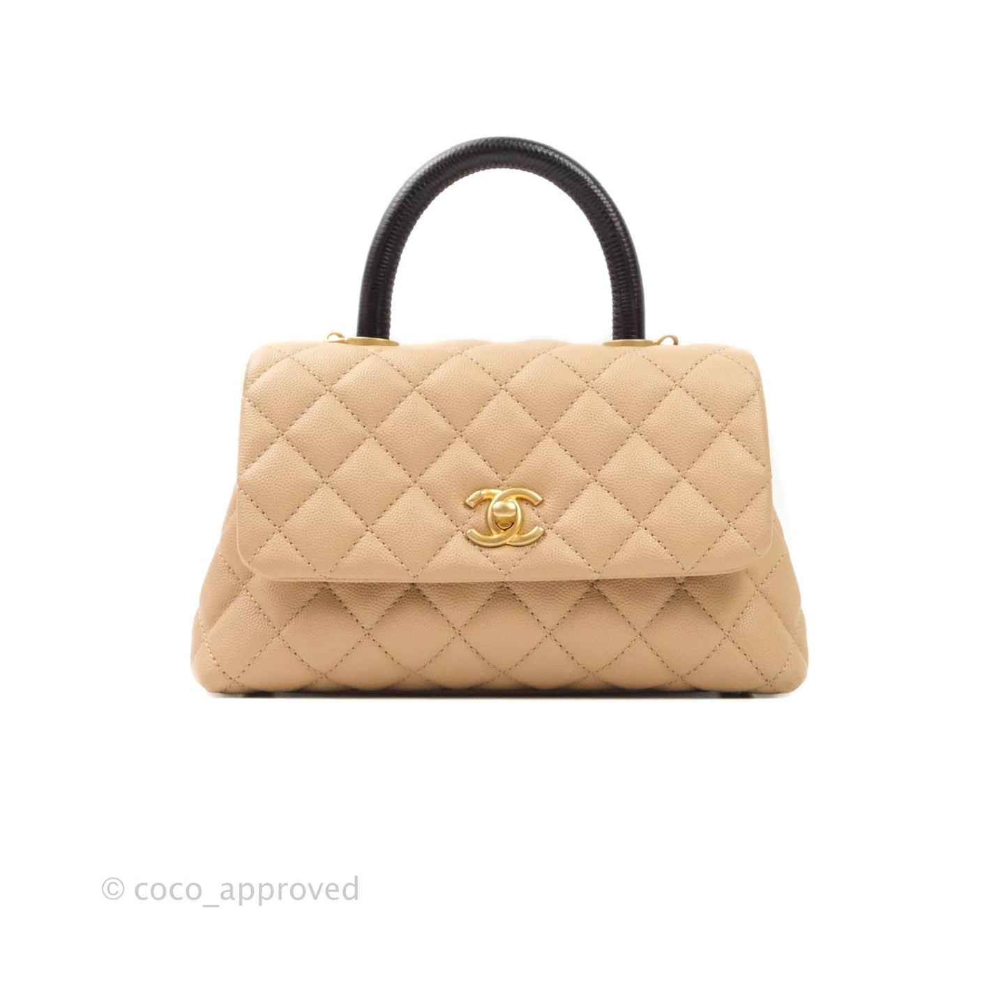 Chanel Mini (Small) Coco Handle Quilted Beige Caviar Gold Hardware Embossed Lizard Handle