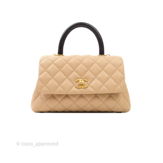 Chanel Mini (Small) Coco Handle Quilted Beige Caviar Gold Hardware Embossed Lizard Handle