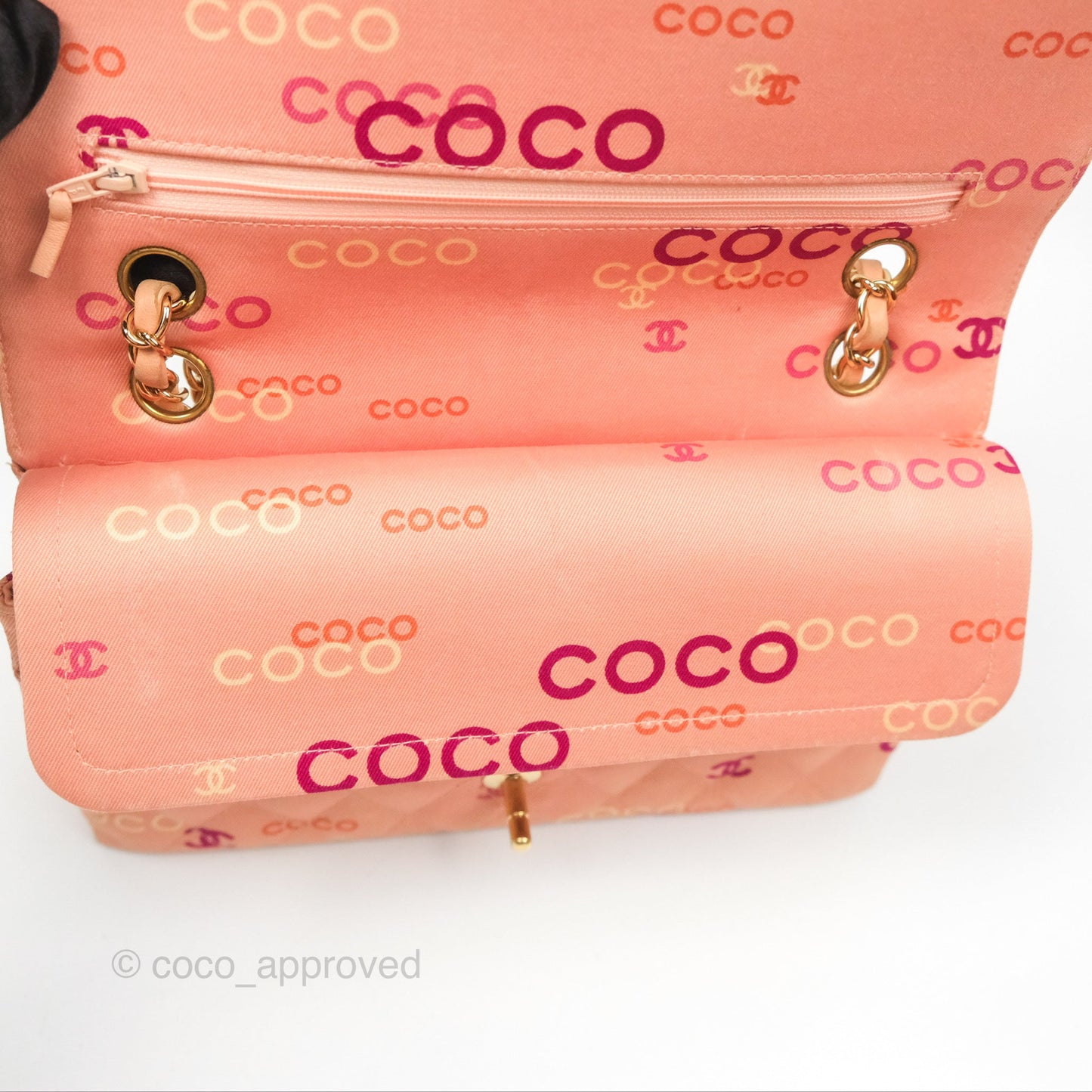 Chanel Coco Logo Medium Classic Flap Quilted Coral Pink Canvas Gold Hardware