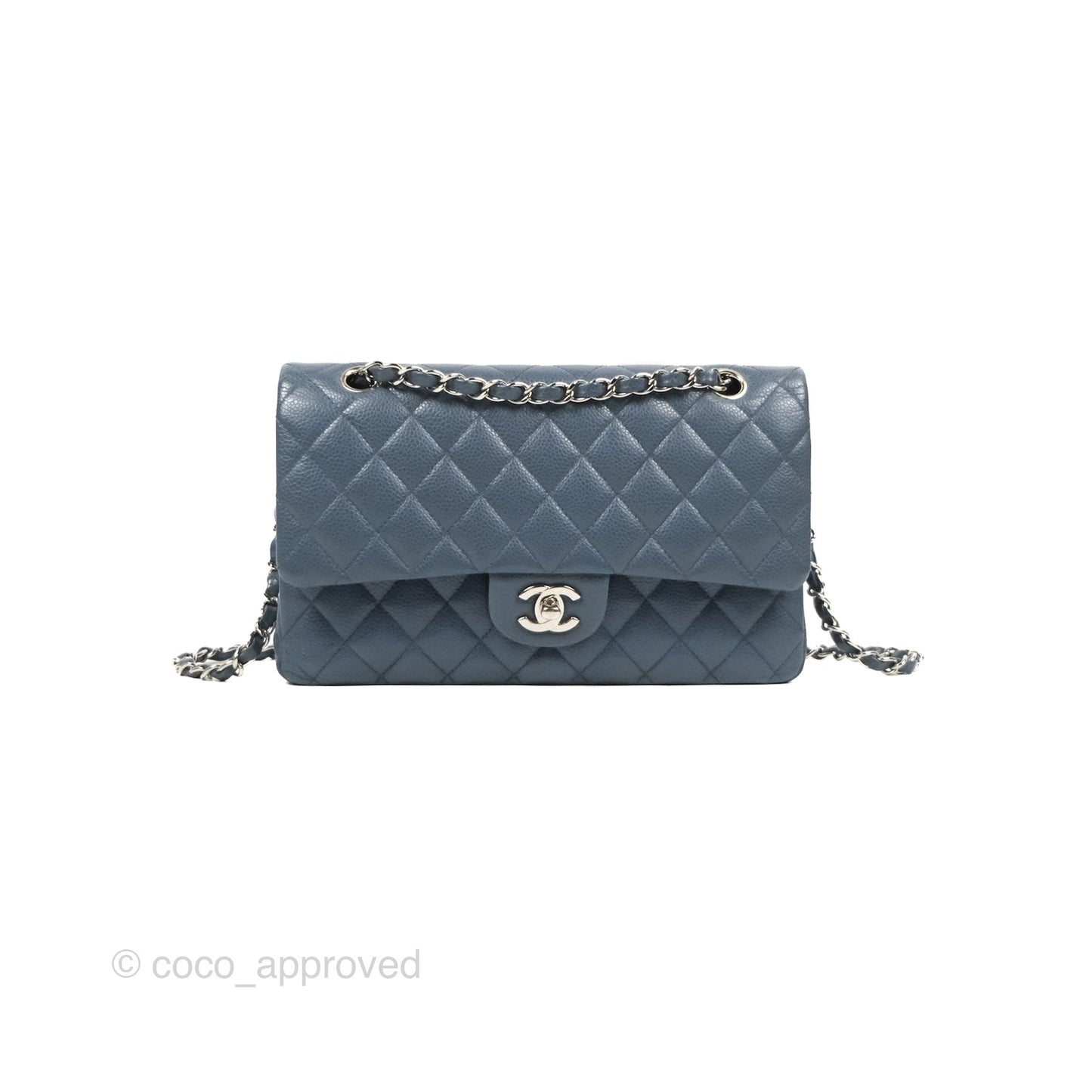 Chanel Classic Double Flap Quilted M/L Blue Caviar Silver Hardware