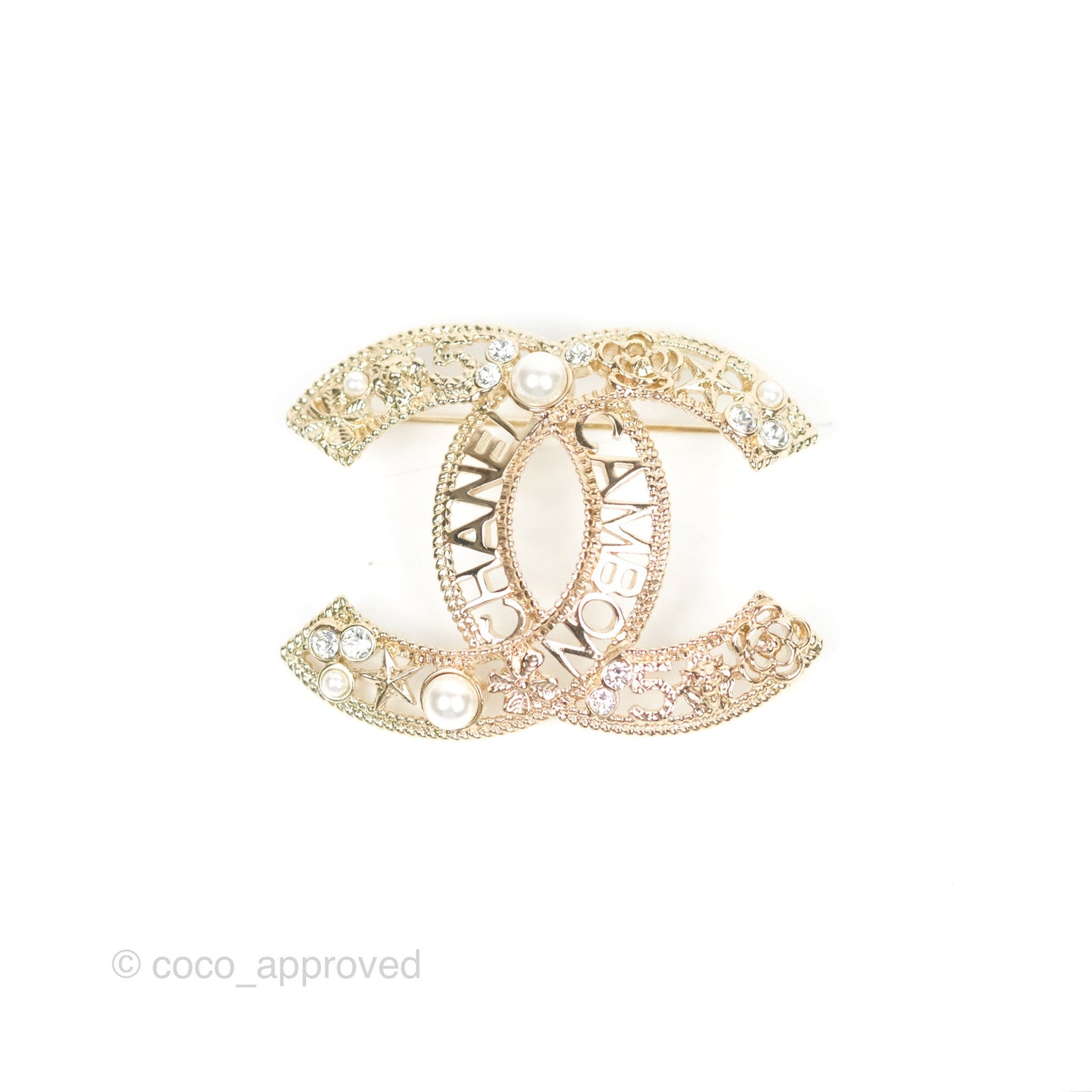 Chanel CC No5 Camellia Crystal Pearl Brooch Gold Tone 20C