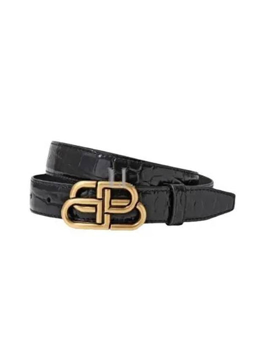 Luxury Balenciaga WoMen's Crocodile Embossed BB Buckle Thin Belt Black