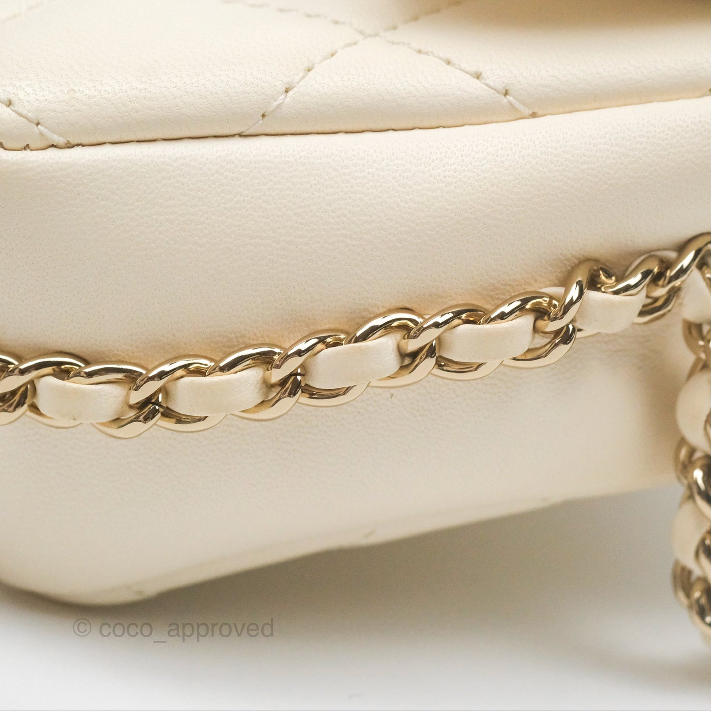 Chanel Small Logo Pearl Chain Flap Bag White Lambskin Gold Hardware