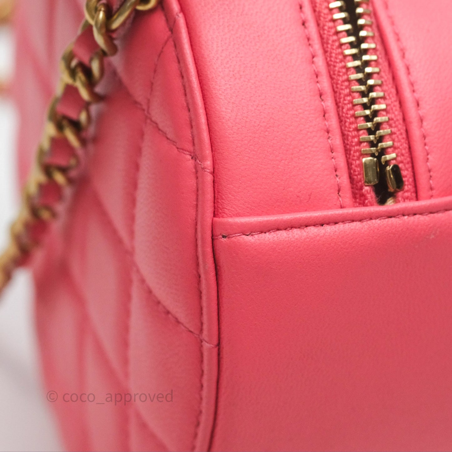 Chanel Quilted Pearl Crush Round Clutch With Chain Pink Lambskin Aged Gold Hardware