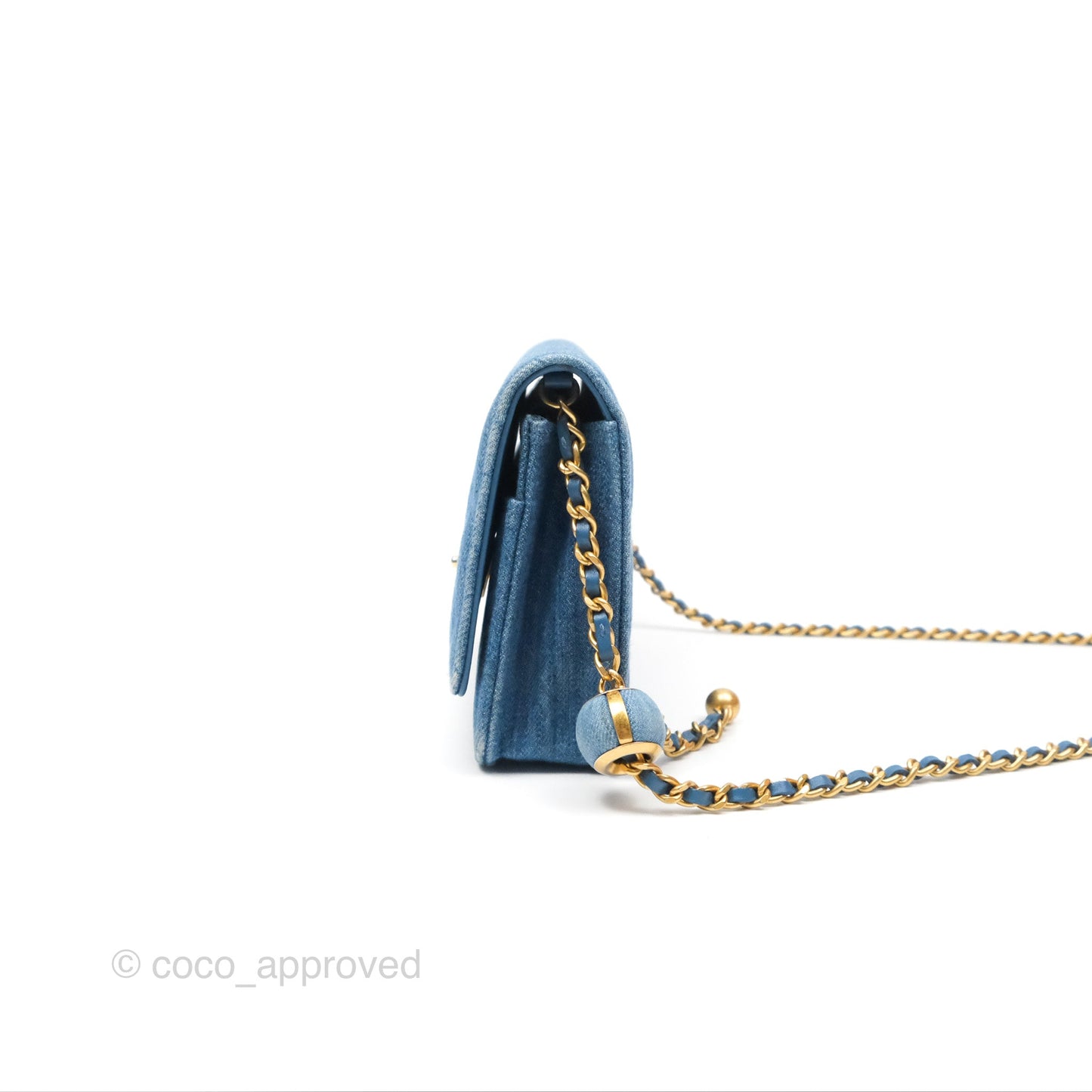 Chanel Quilted Pearl Crush Wallet on Chain WOC Denim Aged Gold Hardware