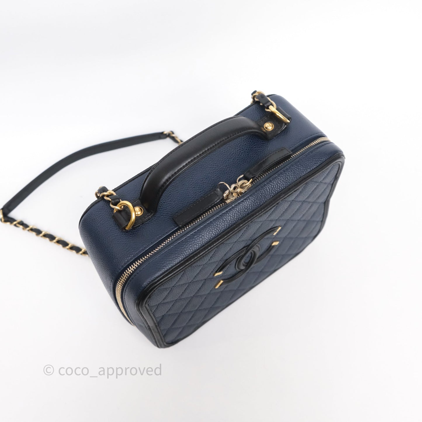 Chanel Quilted Large CC Filigree Vanity Case Navy Black Caviar Aged Gold Hardware