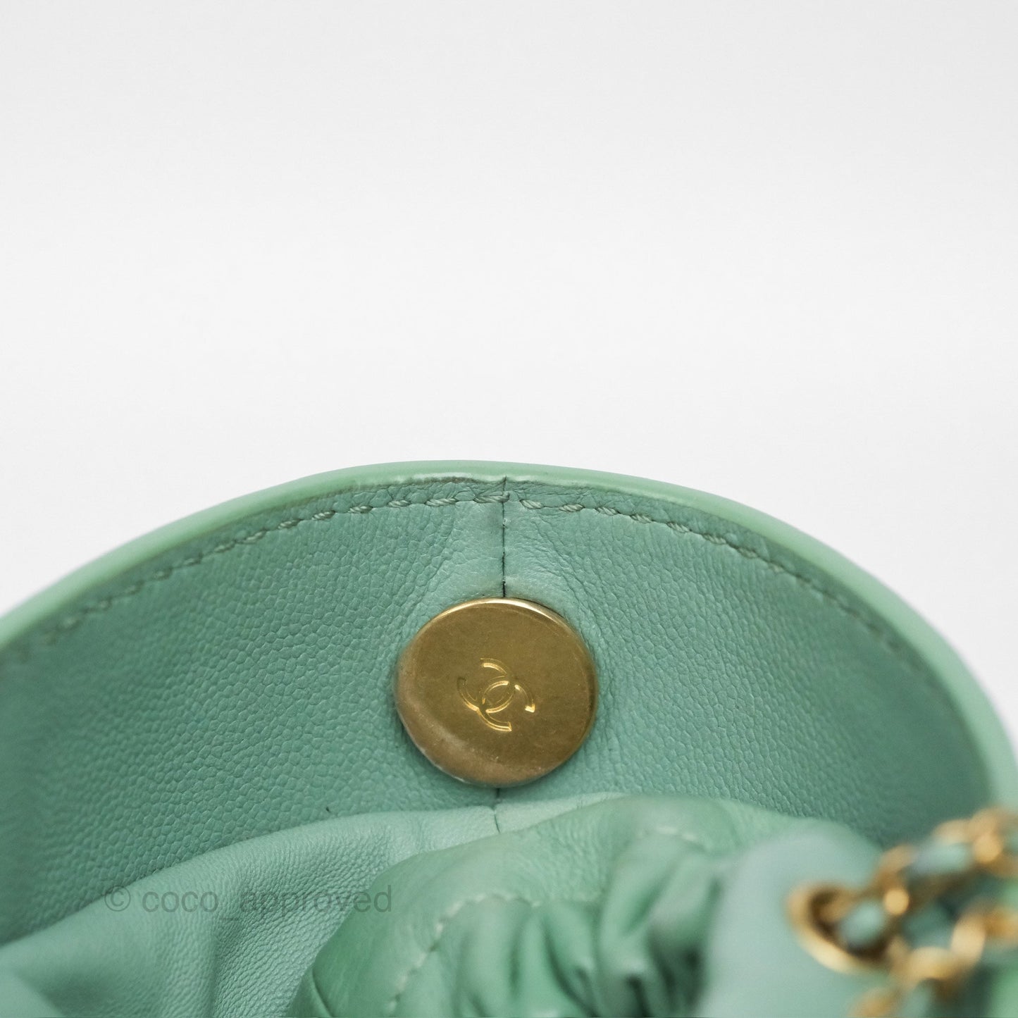 Chanel Drawstring Bucket Bag Quilted Green Caviar Aged Gold Hardware