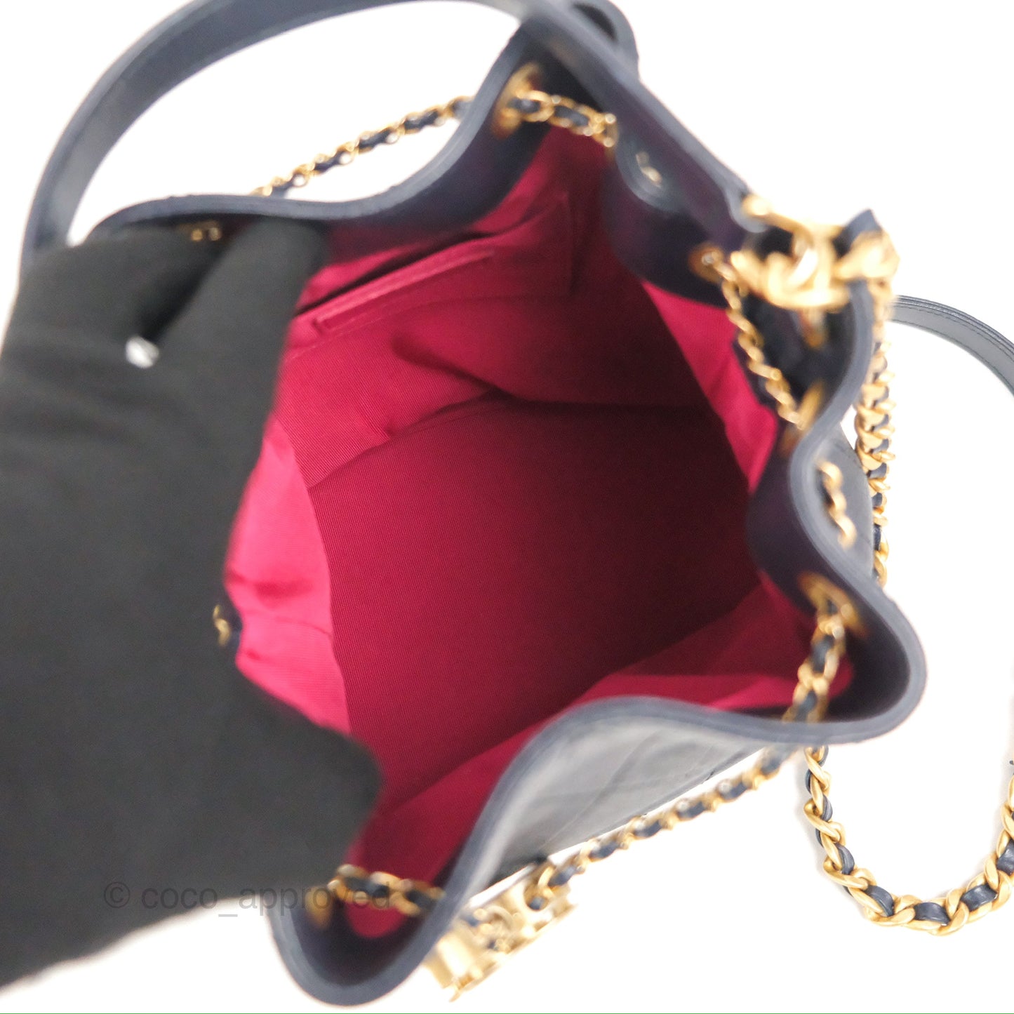Chanel Quilted Top Handle Drawstring Bucket Bag Iridescent Navy Calfskin Aged Gold Hardware